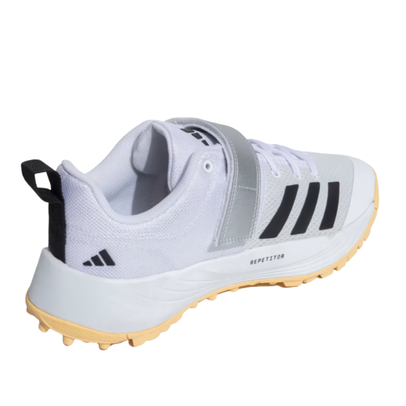Adidas SCORERUN 2.0 Rubber Studs Shoes White/Yellow โ Lightweight breathable cricket shoes with cushioned EVA midsole and high-traction rubber outsole. 7