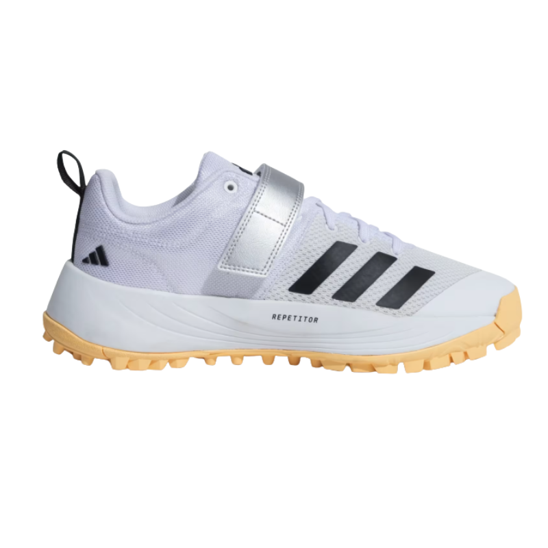 Adidas SCORERUN 2.0 Rubber Studs Shoes White/Yellow – Lightweight breathable cricket shoes with cushioned EVA midsole and high-traction rubber outsole. 1
