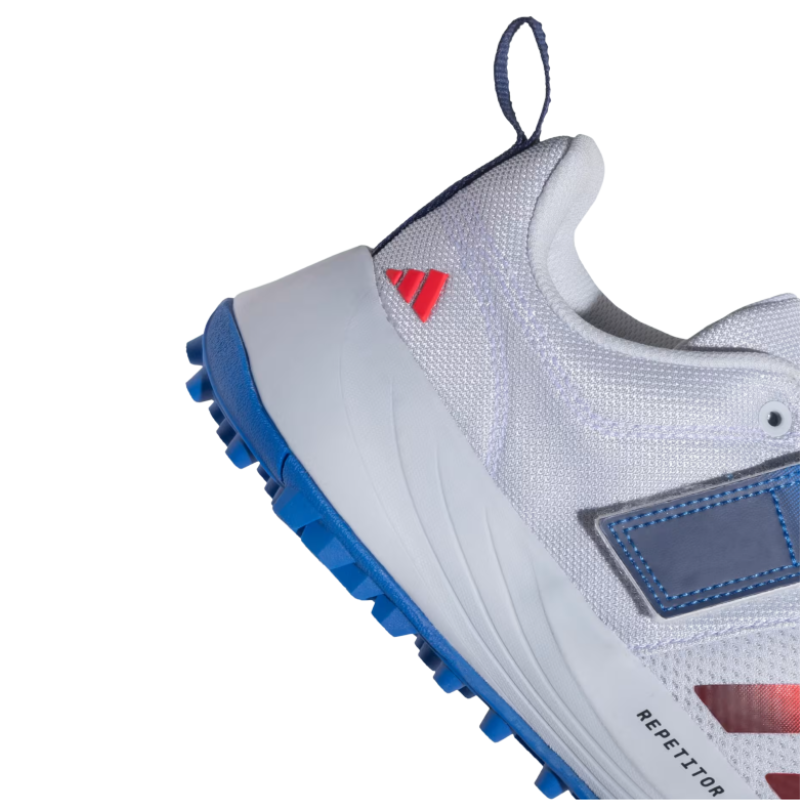 Adidas SCORERUN 2.0 Rubber Studs Shoes White/Blue โ Lightweight breathable cricket shoes with cushioned EVA midsole and high-traction rubber outsole. 3