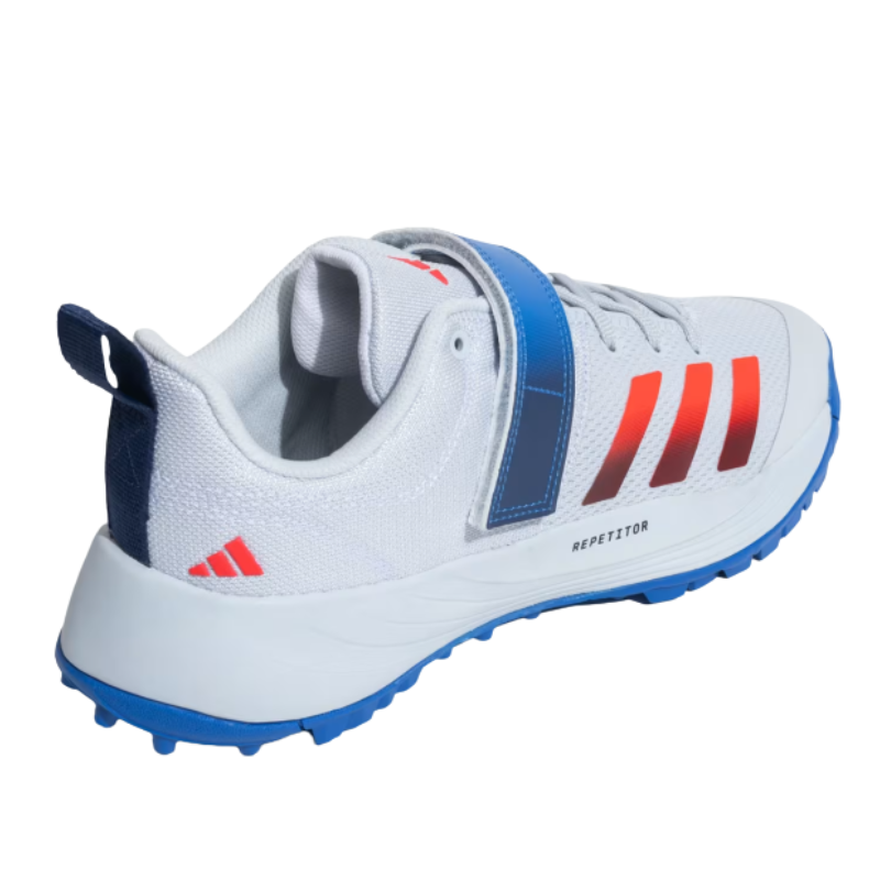 Adidas SCORERUN 2.0 Rubber Studs Shoes White/Blue โ Lightweight breathable cricket shoes with cushioned EVA midsole and high-traction rubber outsole. 7