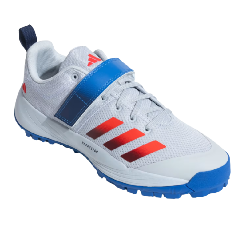 Adidas SCORERUN 2.0 Rubber Studs Shoes White/Blue โ Lightweight breathable cricket shoes with cushioned EVA midsole and high-traction rubber outsole. 8