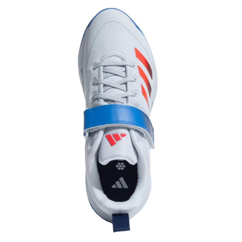 Adidas SCORERUN 2.0 Rubber Studs Shoes White/Blue โ Lightweight breathable cricket shoes with cushioned EVA midsole and high-traction rubber outsole. 9