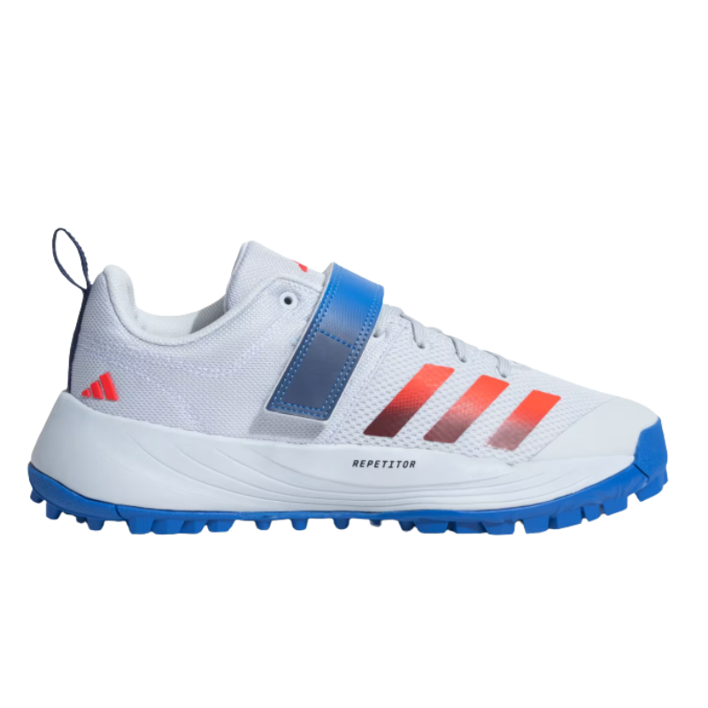 Adidas SCORERUN 2.0 Rubber Studs Shoes White/Blue – Lightweight breathable cricket shoes with cushioned EVA midsole and high-traction rubber outsole. 1