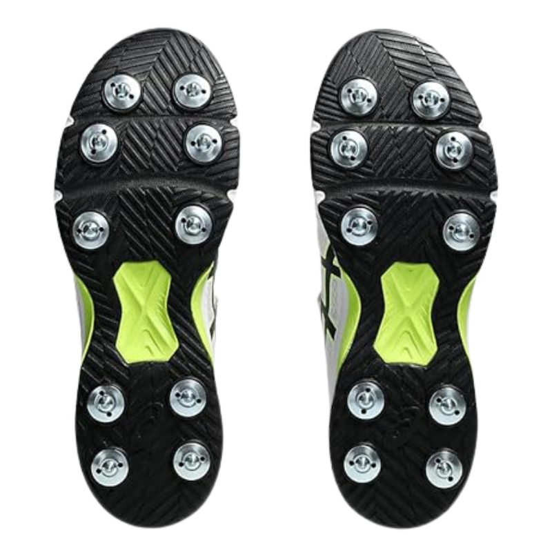 Asics SPEED MENACE FF Bowling Spikes White/Yellow โ Specialized high-stability bowling spikes featuring DUOMAX technology and a bowler-specific 6/4 stud pattern. 2