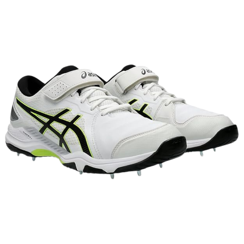 Asics SPEED MENACE FF Bowling Spikes White/Yellow โ Specialized high-stability bowling spikes featuring DUOMAX technology and a bowler-specific 6/4 stud pattern. 1