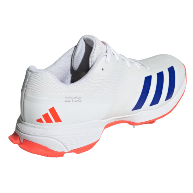 Adidas 22 Yard Cricket Shoes Spikes White/Orange โ Lightweight cricket shoes with Adiprene EVA cushioning and high-traction steel spikes. 7
