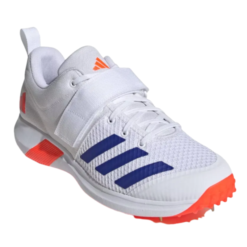 Adidas Adipower Vector 20 Shoes Spikes White/Orange โ High-performance pace bowling shoes with ADIPRENE cushioning and 10-spike traction. 3
