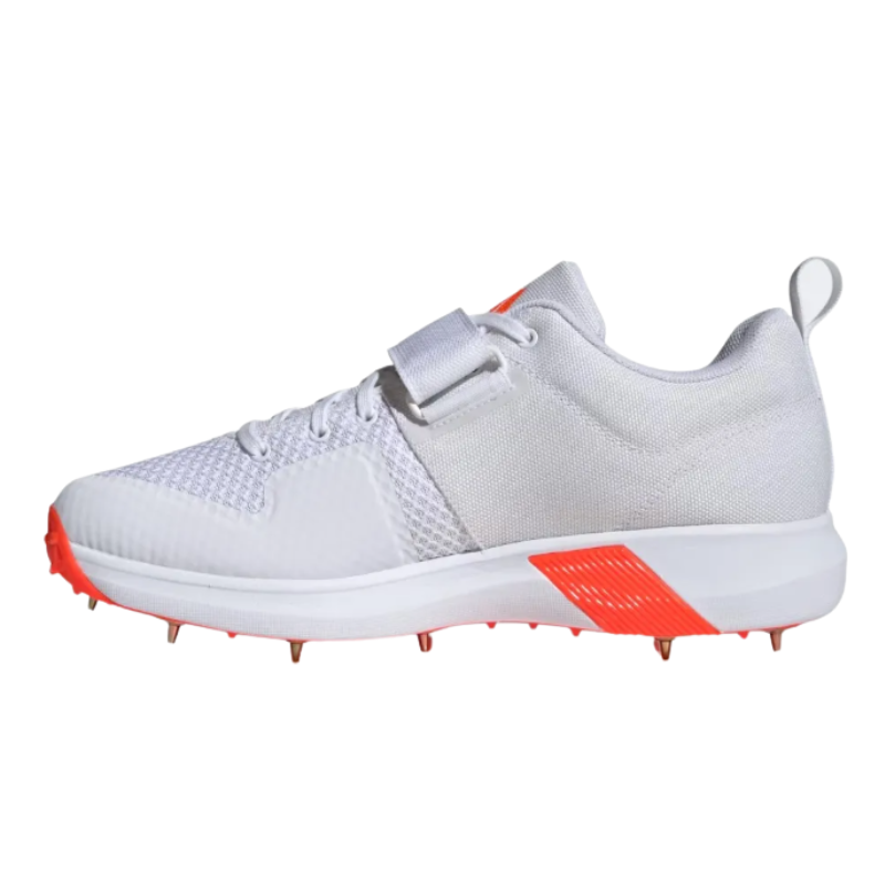 Adidas Adipower Vector 20 Shoes Spikes White/Orange โ High-performance pace bowling shoes with ADIPRENE cushioning and 10-spike traction. 4