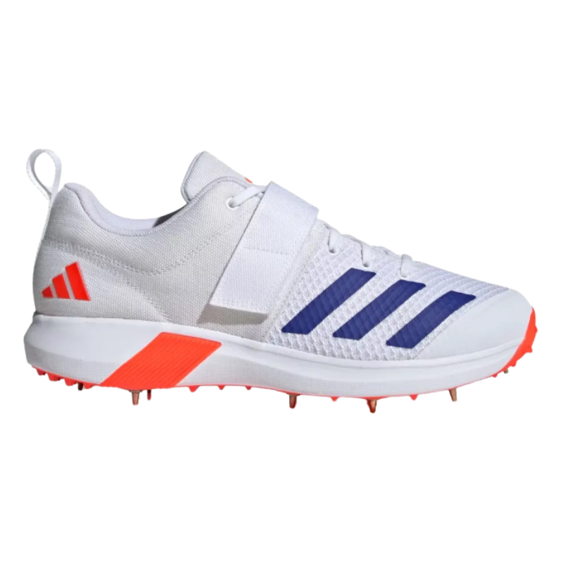 Adidas Adipower Vector 20 Shoes Spikes White/Orange โ High-performance pace bowling shoes with ADIPRENE cushioning and 10-spike traction. 1