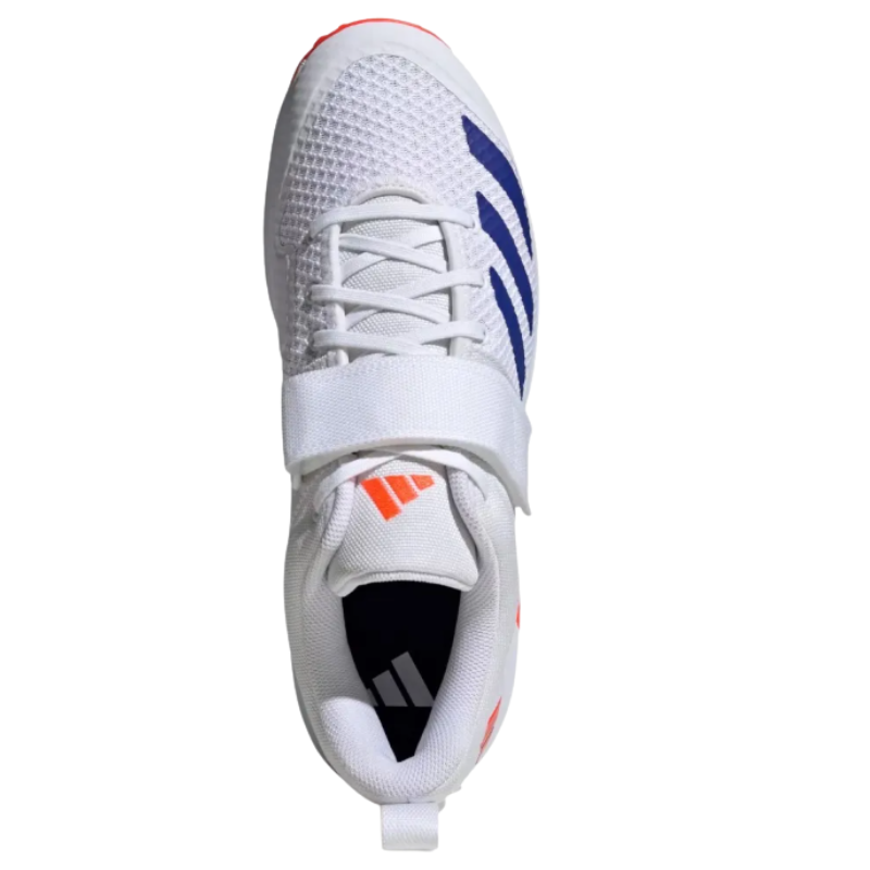 Adidas Adipower Vector 20 Shoes Spikes White/Orange โ High-performance pace bowling shoes with ADIPRENE cushioning and 10-spike traction. 6