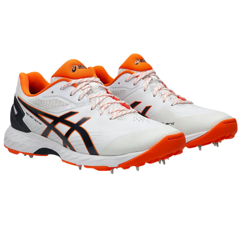 Asics 350 NOT OUT Spikes White/Orange โ Elite all-round cricket spikes featuring FlyteFoam technology for lightweight performance and stability. 1