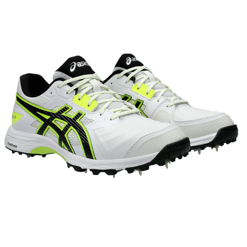 Asics GEL-GULLY 7 Spikes White/Yellow – High-stability competitive cricket spikes with reconstructed midfoot support and improved toe flexibility. 1