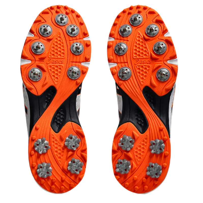 Asics QUICK SINGLE FF Spikes White/Orange โ High-performance turf cricket shoe with rearfoot GEL technology, breathable mesh panels, and removable steel spikes. 2