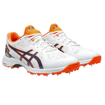 Asics QUICK SINGLE FF Spikes White/Orange – High-performance turf cricket shoe with rearfoot GEL technology, breathable mesh panels, and removable steel spikes. 1