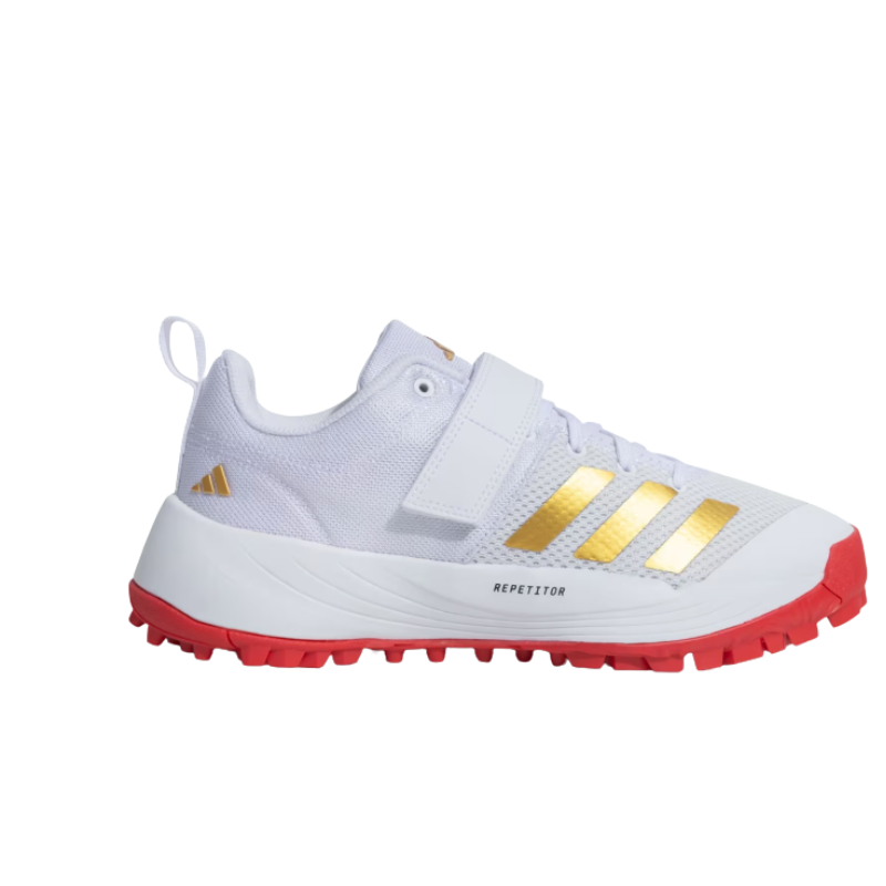 Adidas SCORERUN 2.0 Rubber Studs Shoes White/Red – Lightweight breathable cricket shoes with cushioned EVA midsole and high-traction rubber outsole. 1