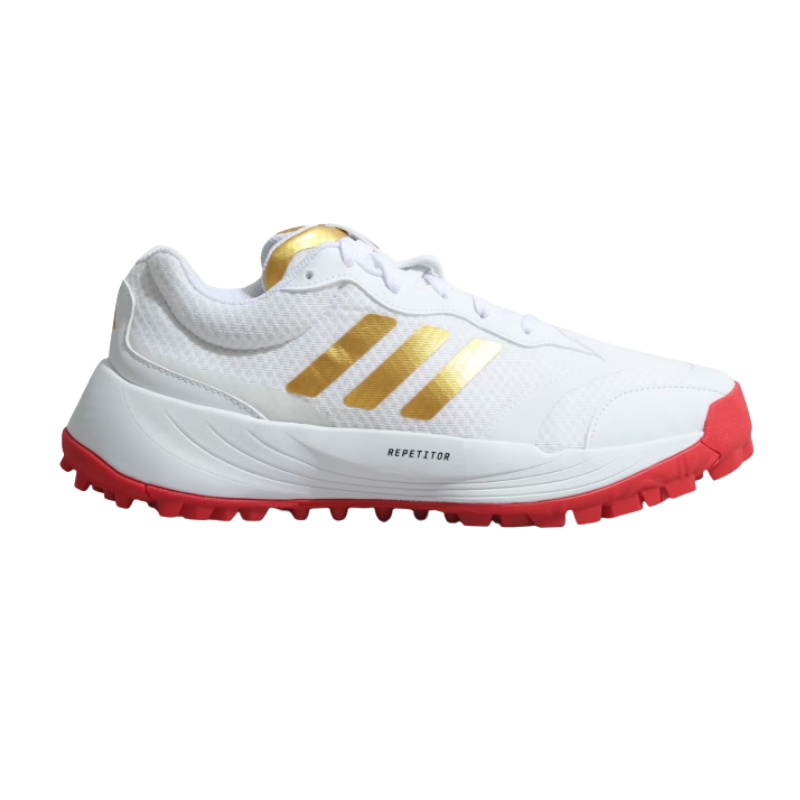 Adidas SCORERUN Rubber Studs Shoes White/Red – Lightweight breathable cricket shoes with cushioned EVA midsole and high-traction rubber outsole. 1